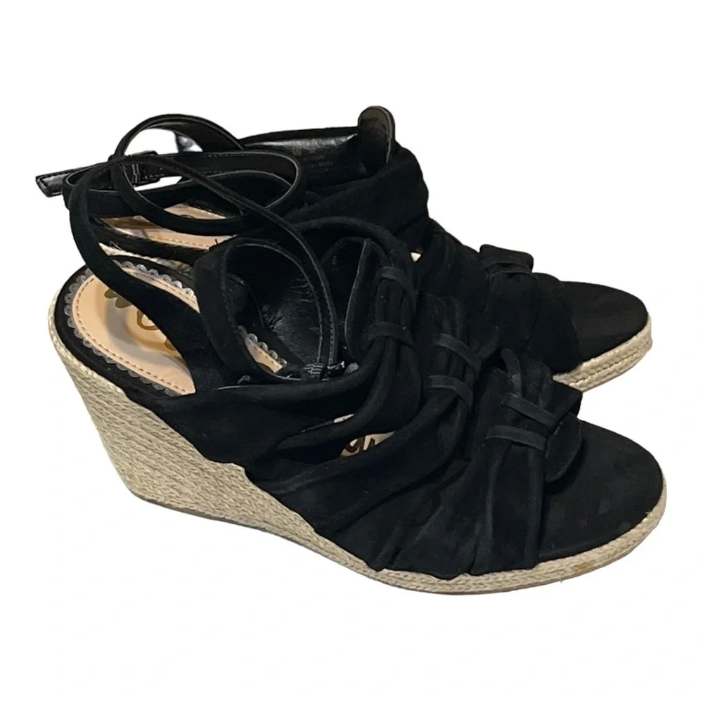 Sam Edelman Awan Wedge Espadrille Sandals 8M Black Suede